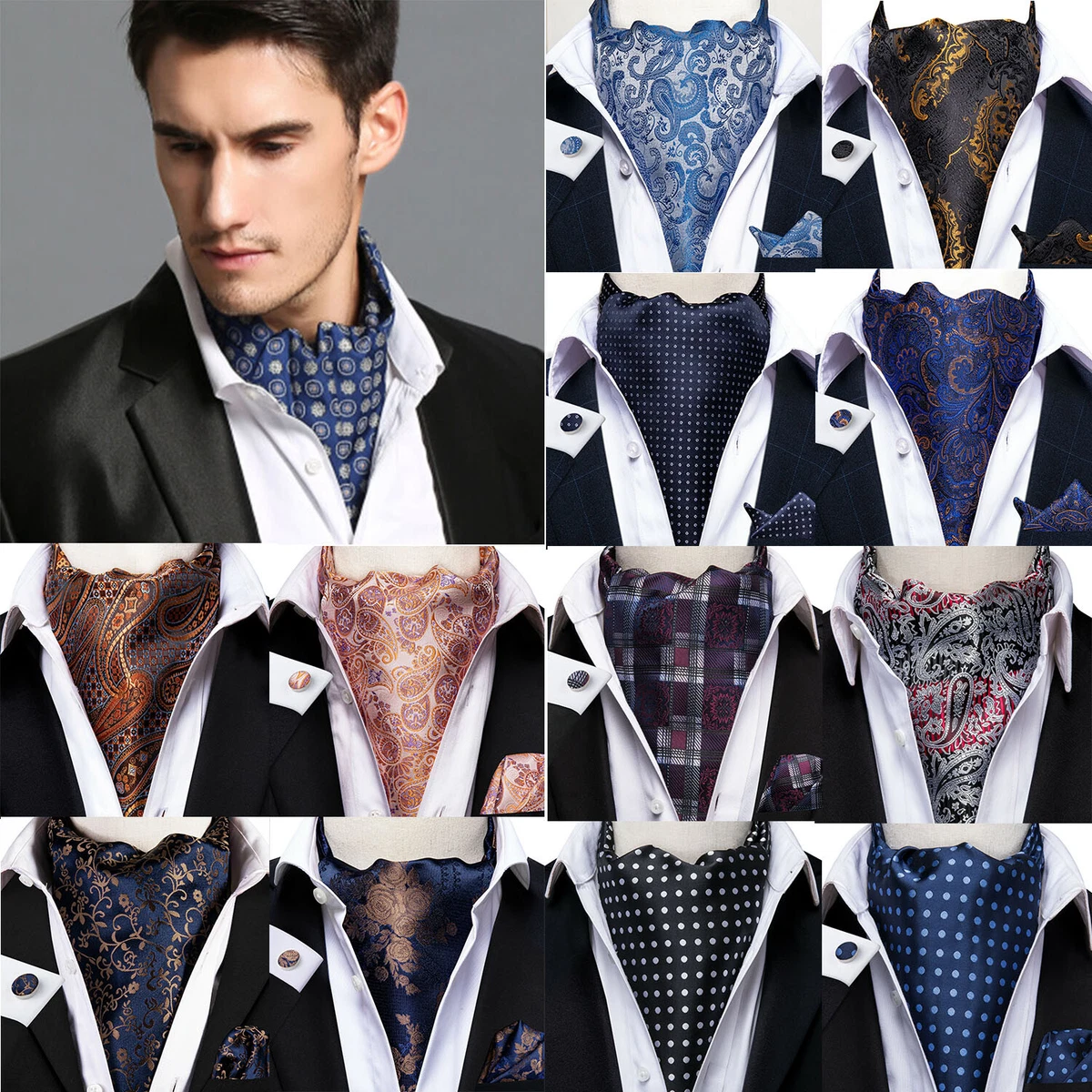 HISDERN Ascot Ties for Men Paisley Floral Ascot and Pocket Square Set  Classic Self Tie Mens Cravat Handkerchief for Wedding