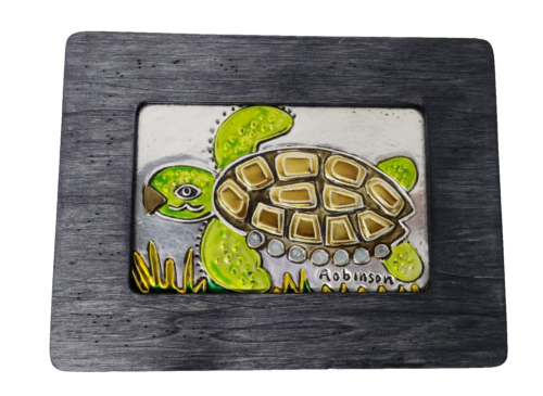 G. Robinson Mexican Foil Art Turtle Wall Hanging Artist Signed Wood Framed Decor - Picture 1 of 7