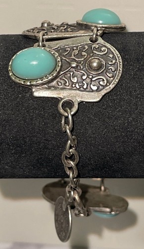 Vintage Silver Tone Blue Cabochons Chain Bracelet Jewelry Bon6-18 - Picture 11 of 15