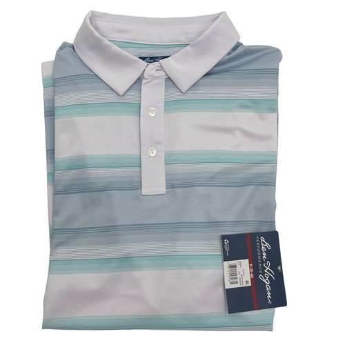 Ben Hogan Size Medium White Aqua Gray Striped Performance Golf Polo Shirt NWT