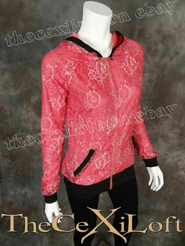 Chaqueta con Capucha Mujer Cremallera En Capas Rosa Encaje Brillante Plata Costuras Marca Vocal - Imagen 3 de 5