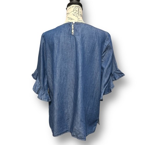 Tres Jolie L blau Chambray Denim Look Rüschenärmel Bluse Boho feminin Top Neu mit Etikett - Bild 3 von 8
