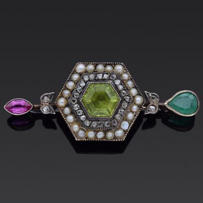 #ad Antique Multi Stone and 0.30 TCW Diamond 9K Yellow Gold and Silver Brooch Pin $995.00