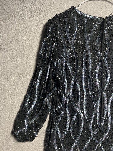Vintage Stenay All Over Beaded Formal Black Mini Dress Size XL Silk Long Sleeve - Picture 13 of 19