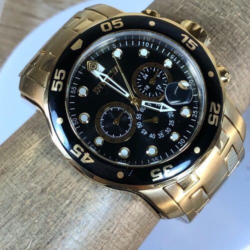 Invicta Herren Pro Diver 0072 goldfarben Chronograph schwarzes Zifferblatt Quarzuhr 7 3/4"