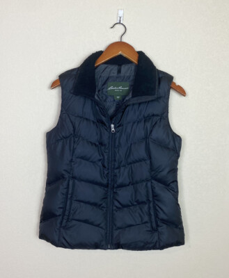 Eddie Bauer Women s Goose Down Puffer Vest Black Faux Fur Collar Super Warm Sz S
