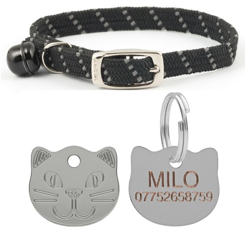 Cat Collar Ancol Reflective Softweave Safety Elastic With 22mm Cat Face ID Tag - Picture 2 of 5