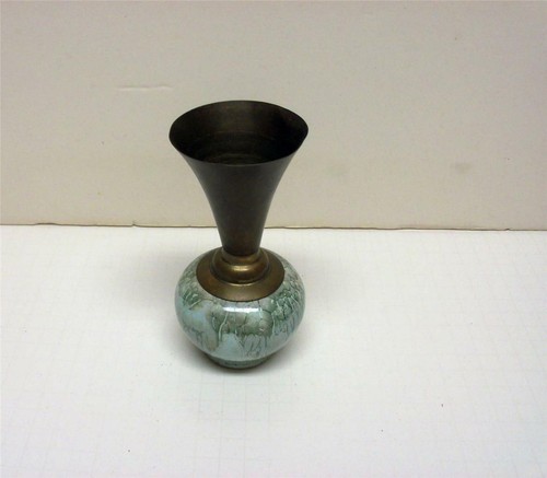 MADE IN HOLLAND HAND PAINTED BRASS GREEN&BLUE VASE SZ-5 1/2" TALL VINTAGE - Picture 2 of 5