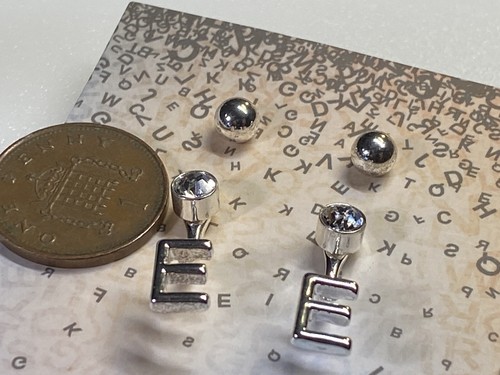 Avon Earrings Two Pairs Silver Metal Letter E And Ball Studs - Picture 2 of 8