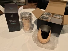 Chic & Tonic Stemless Wine Tumblers (4) And Cocktail Shaker Open Box Never Used