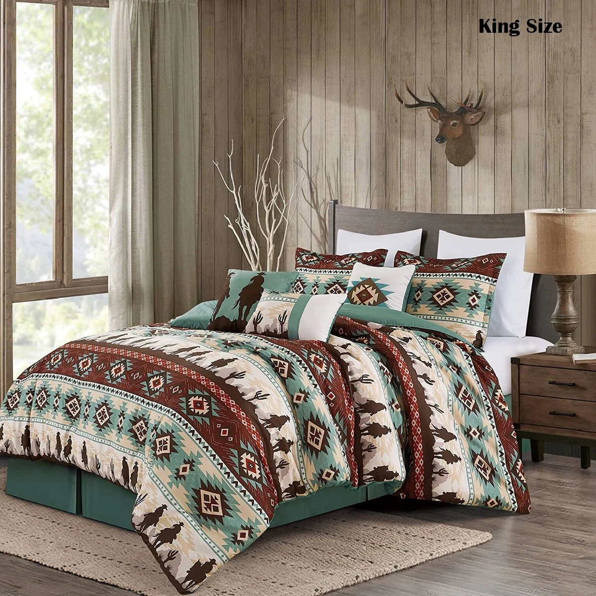 King Size Southwest Aztec Style 7pc Comforter Set Burgundy Teal Beige w  Cushions