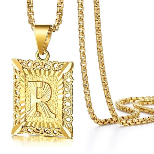 Initial Letter Pendant Necklace for Men Women, 14K Gold Plated Square Necklace - Picture 21 of 29