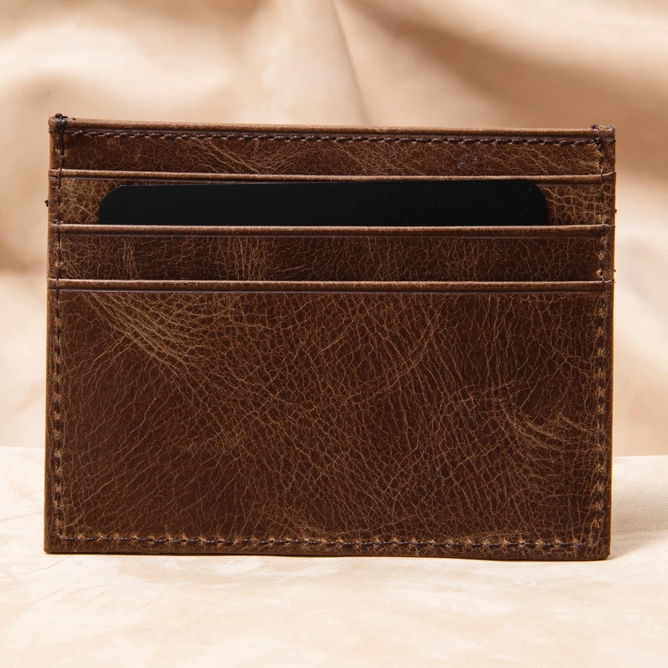 Tarjetero de cuero genuino - Cartera delgada para hombre y mujer - Hecho a mano minimalista Foto 4 de 4