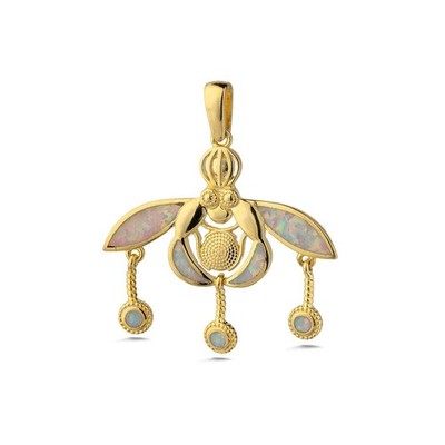 White Opal Minoan Bee Pendant 925 Sterling Silver Gold Plated