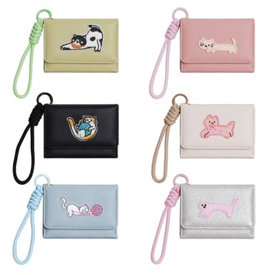 Cute Cartoon Cats Pattern Compact Purse Detachable Lanyard Multi Card Pockets