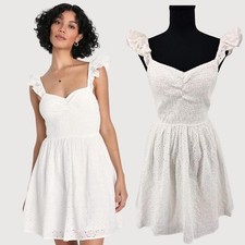 Lulus NWT White Eyelet Ruffled Mini Dress Smocked Bodice Size L