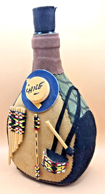 Decanter Bottle Souvenir (Empty) Drum Decorated Felt Cloth ''Chile'' 7.5'' X 4''