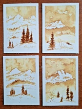 ACEO Lot 4 pcs. Original Coffee Drawing  Landscape MOUNTAINS Winter Trees