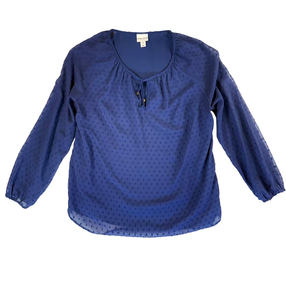 Blusa Ava & Viv Azul Marino Transparente Punto Suizo Manga Larga Talla Grande 1X Oficina Trabajo Foto 2 de 4