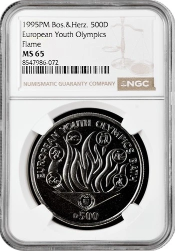 Bosnia & Herzegovina 500 dinara 1995, NGC MS65, "Youth Olympics - Flame" Top 1/0