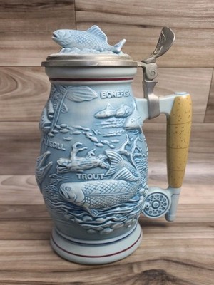 Fishing Stein Vintage 1990 Avon Collector Lid Ceramic & Pewter Blue Finish Fish