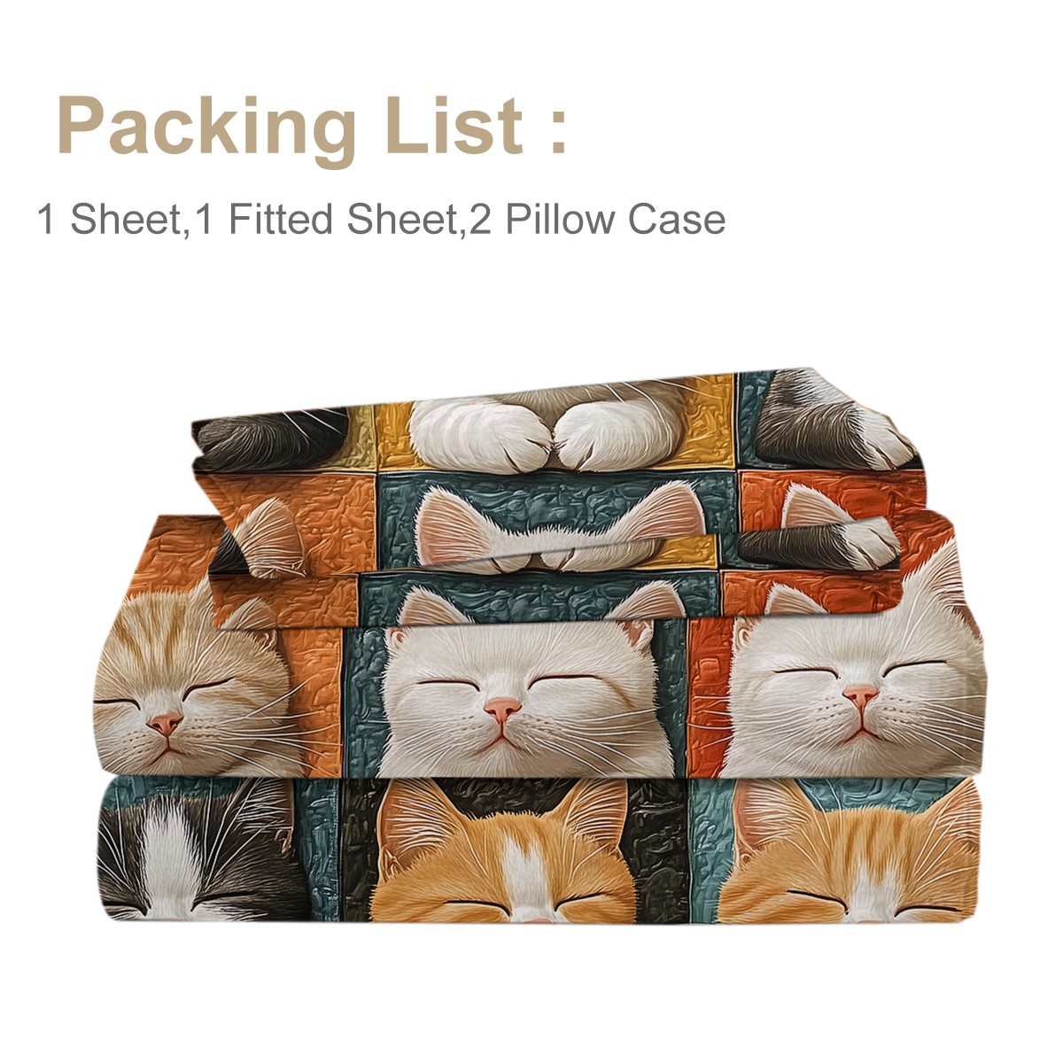 4pcs Kitten Cat Sheet Set, Fitted Sheet with 2 Pillowcases for Bedding Home Gift