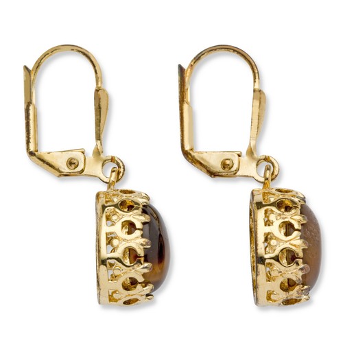 Genuine Oval Tiger's Eye Cabochon Drop Earrings Yellow Gold-Plated - Picture 2 of 3