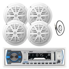 Pyle Bluetooth Marine Receiver, 4x 6.5'' 120W White Speakers, Antenna