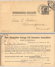 US #UX19 Manchester NH, 1909, preprinted Life insurance assessment