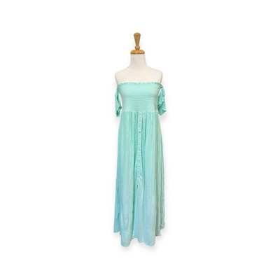 Venus Green Smocked Maxi Dress Size 14 Off The Shoulder | eBay