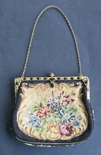 Antique 1930 Art Deco Petit Point Needlepoint Purse Jeweled Frame Floral Handbag
