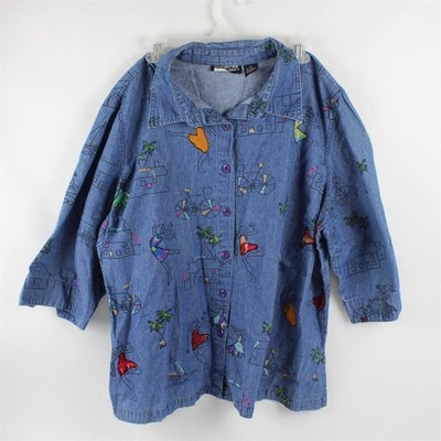 Vintage New Direction Women's 2X Denim 3/4 Sleeve Tropical Embroidered Blouse