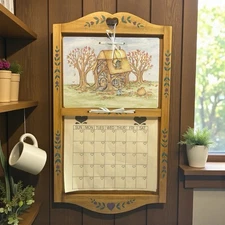VTG 90s Wooden Perpetual Wall Calender Handpainted w Two Covers 20" x 11.5''