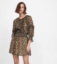 Zara Mini Dress Chiffon Boho Ruffle Sleeve Party Boho smocked Floral blogger L