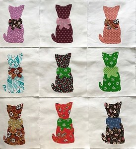Calico-Cat-with-Bow-Quilt-Top-6-034-Blocks-Cotton-Fabric-Appliques-Lot-of-9