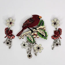 Vintage LATR 2GO Lunch at the Ritz Snow Cardinal Brooch Pendant and Earrings Set