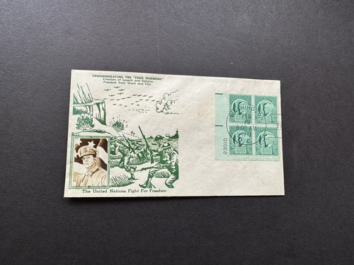 US 1943 FDC +4 Freedoms #908 + Crosby Mini-Photo Gen MacArthur Cachet +Plate BLK4 - Bild 1 von 2
