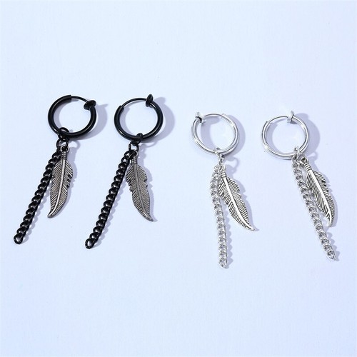 Style Men Ear Drops Earrings Tassel Chain Feather Dangle Ear Studs Clamp Clip On - Picture 5 of 16