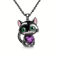 Cute Kitten Hug Heart Pendant Necklace Charming Black Cat Cartoon Purple Jewelry