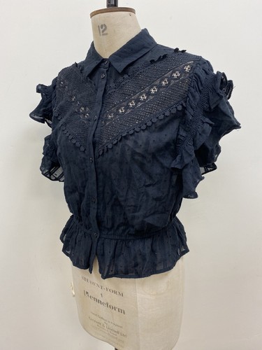 BSB JEANS SIZE M TOP 100% COTTON FRILLS COLLAR RUFFLES LACE BACKLESS BUTTON UP