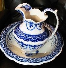 Antique W H Grindley Flow Blue Festoon Pattern Pitcher and Bowl Set