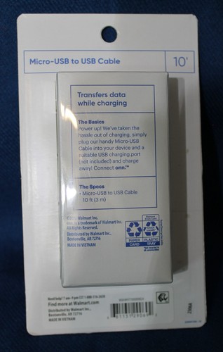 CONNECT ONN. MICRO-USB TO USB CABLE 10' - NEW IN BOX - Photo 2 sur 2