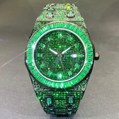 MISSFOX Hip Hop Luxus Ice Out Herrenuhr Iced Bling Grün Diamant Wasserdicht