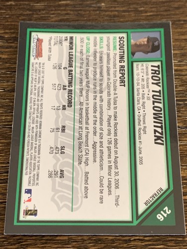 2007 Bowman Chrome Troy Tulowitzki #216 Refractor RC ROOKIE MINT - Picture 2 of 2