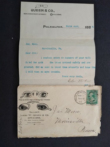 Pennsylvania: Philadelphia 1888 Queen Eye Glasses Advertising Cover + Letter