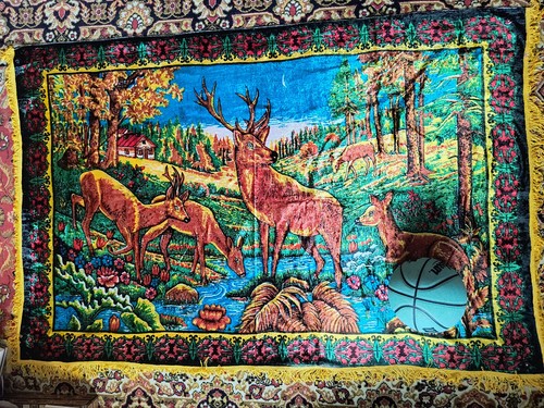 NOS UDSSR Plüsch Wandteppich Teppich primitiv rustikal Kobelin Wandteppich Hirsch im Wald - Bild 5 von 6
