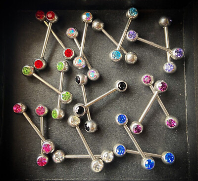 PAIR Front Facing Double Gem Nipple Ring Barbell Steel 14g Piercing Body Jewelry