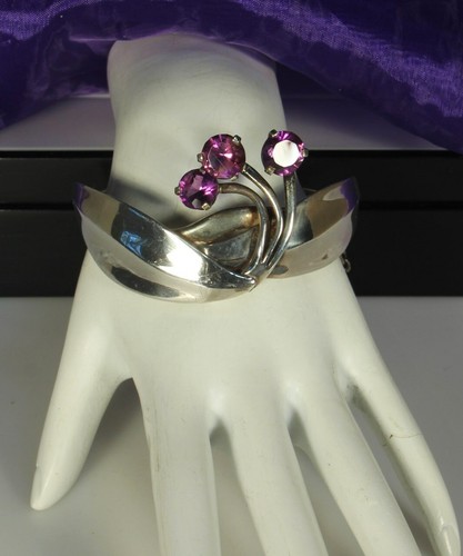 Sterling TAXCO Mexico Bracelet 1950s Signed MIGUEL MELENDEZ Amethyst Gem Flowers - Picture 1 of 11