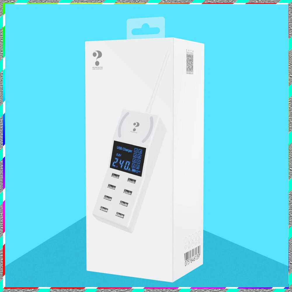 8-Port USB Hub with AC Adapter & Non-Slip Desktop Charging Station