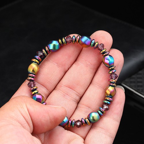 Pulsera elástica magnética multicolor tejida a mano con hematita colorida - Imagen 3 de 5